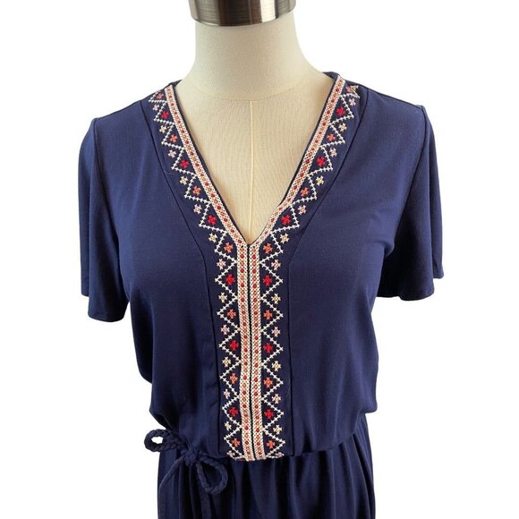 Small Tall Old Navy Navy Blue Knit Embroidered V-Neck Boho Dress - Picture 15 of 16